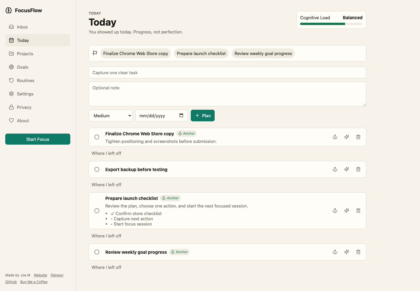 FocusFlow dashboard showing today tasks, attention anchors, and a calm planning workspace