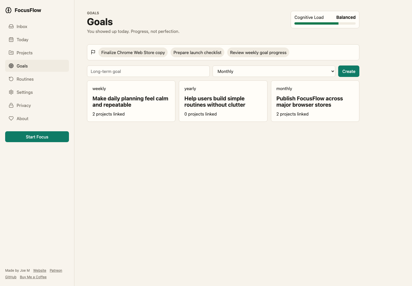 FocusFlow goals view connecting planning work to long-term goals