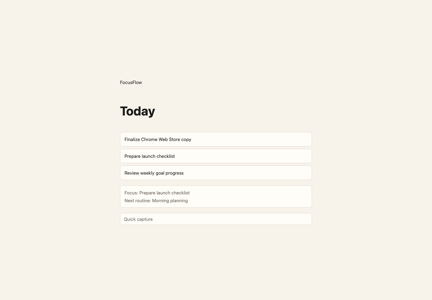 FocusFlow new tab page with anchors, focus task, routine, and quick capture