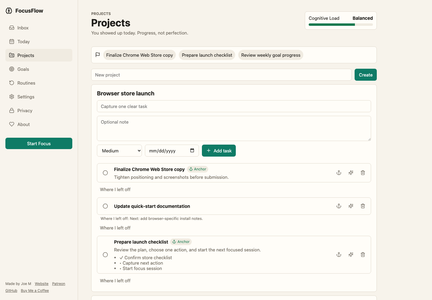 FocusFlow projects view organizing browser store launch tasks