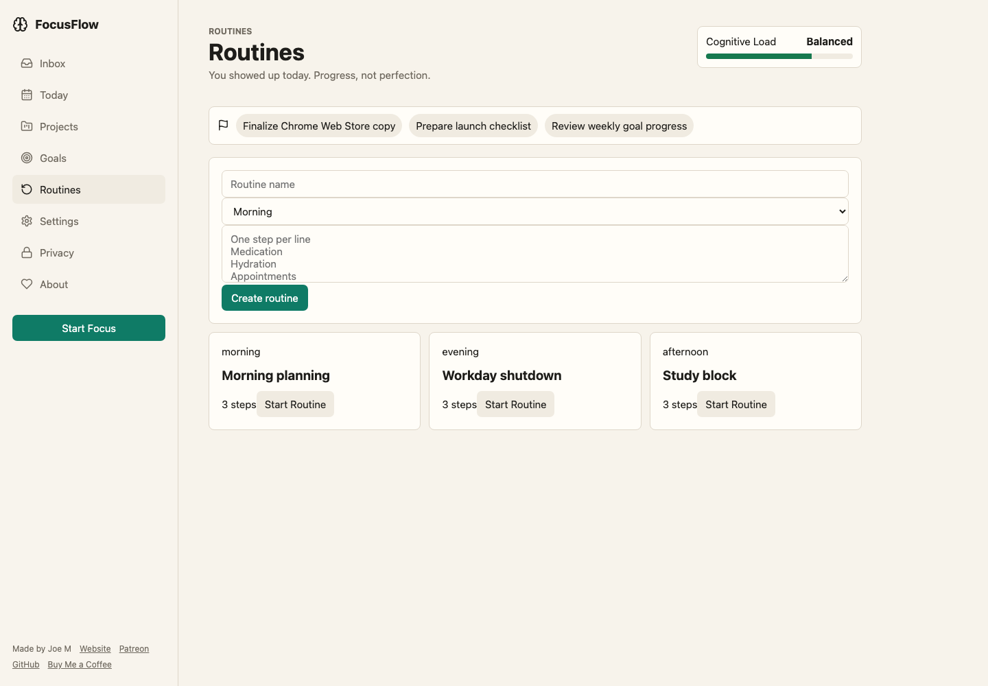 FocusFlow routine builder with morning planning and shutdown routines